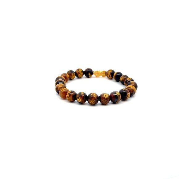 18K Gold Piyao Pixiu Dragon Bracelet Gemstones Tiger's Eye Carved 8mm - Picture 3 of 5